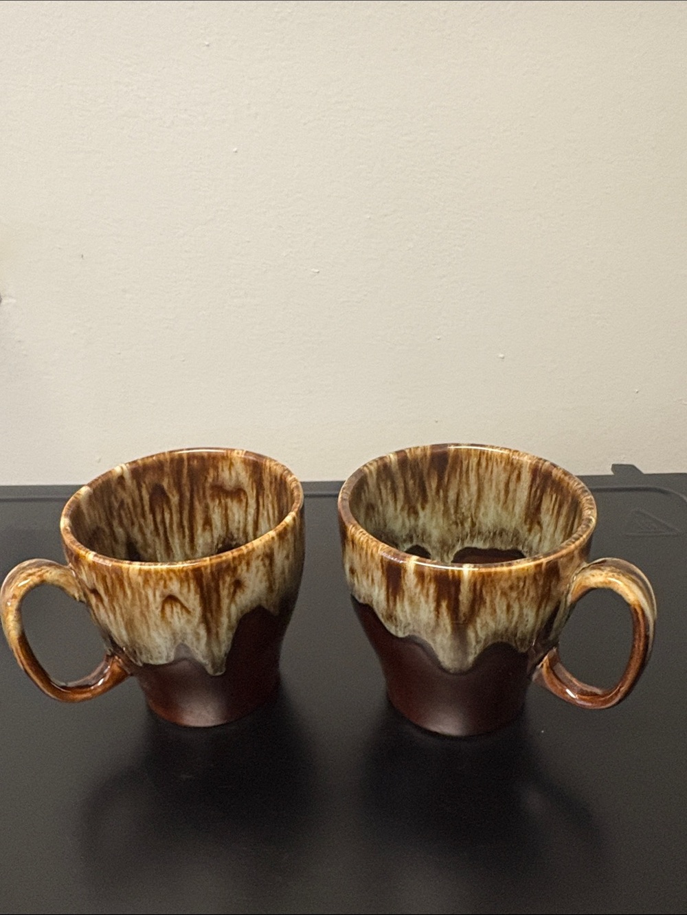 Vintage Brown & Cream Drip Glaze US Pottery Cups Mugs Set of 2 - Gently Used